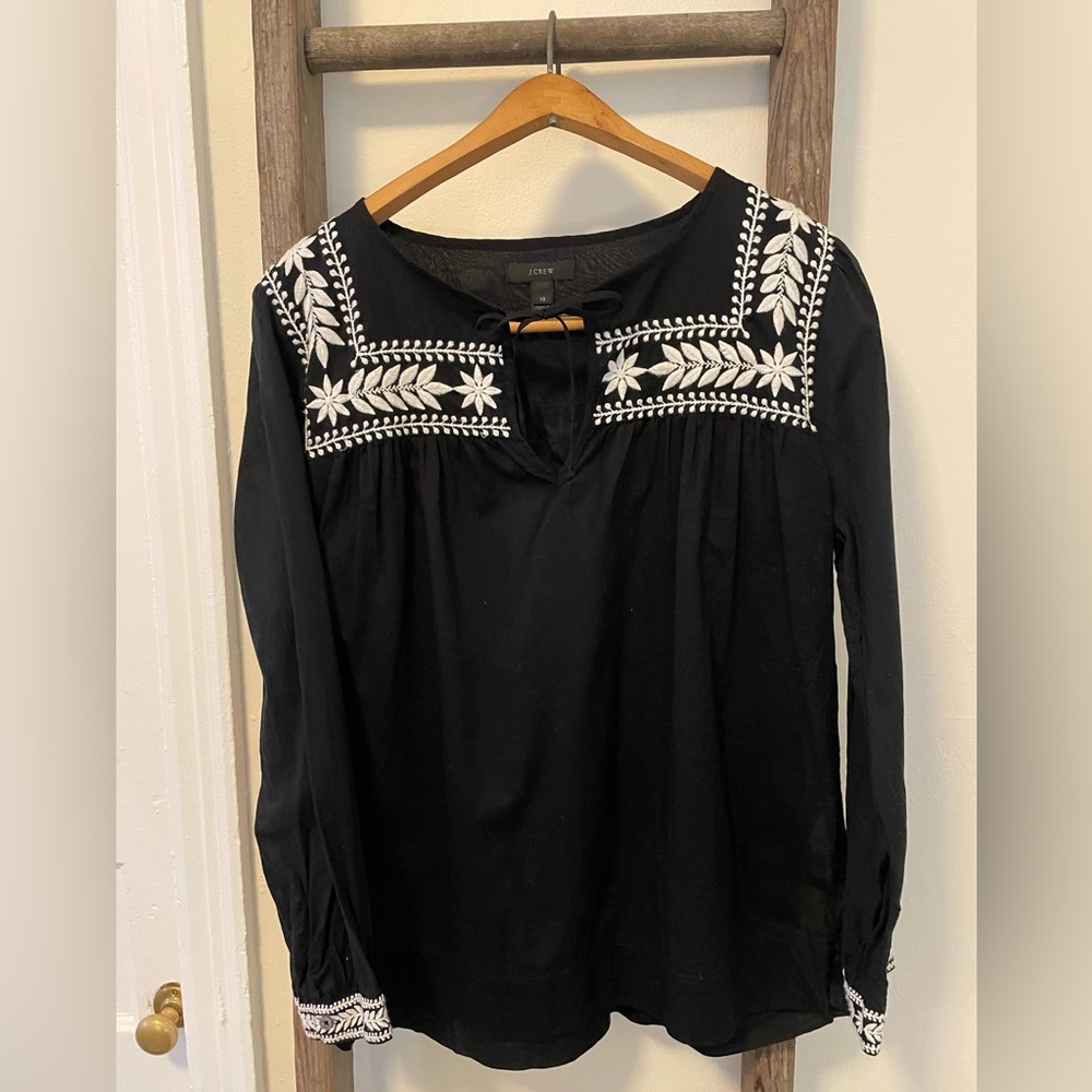 J Crew black and white embroidered cotton shirt
